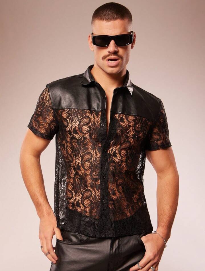 Men's Lace Patchwork Polo Collar Shirt